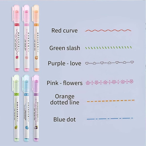 Curve Highlighter pennesett, 6 farger dobbel spiss Curve penner Highlighter penner som lager design,Journal Planner penner kurveformer