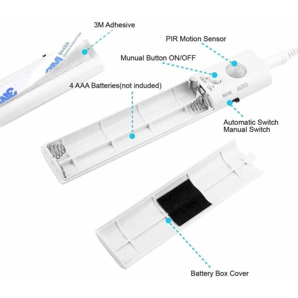 Sensor Garderob Ljus, 3M LED Strip Ljus Nattljus, 6000K Kallt Vitt, Auto på/Av, Batteridriven Cold White 3m