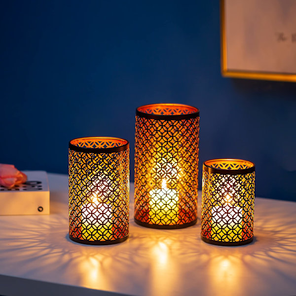 Ljusstakar Set om 3 Metall för Pelarljus Orkan Brons Ljusstake Retro, Bröllopsfest Hem Mantel Svart & Guld