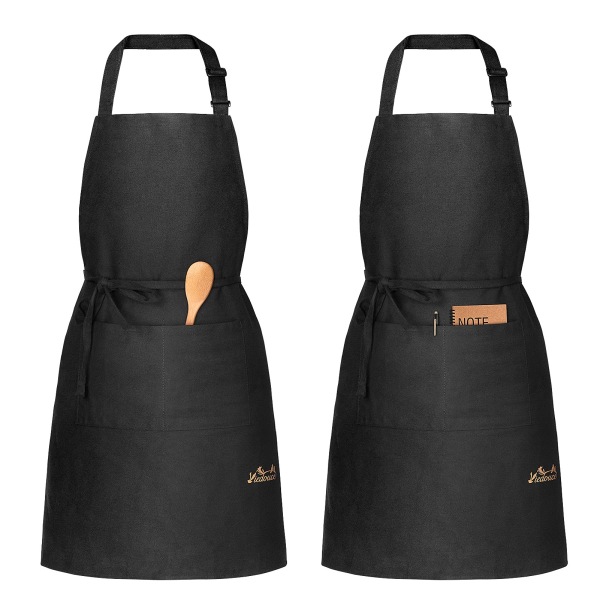 Förpackning med 2 förkläden, kokförkläde i bomull med fickor, justerbar svart