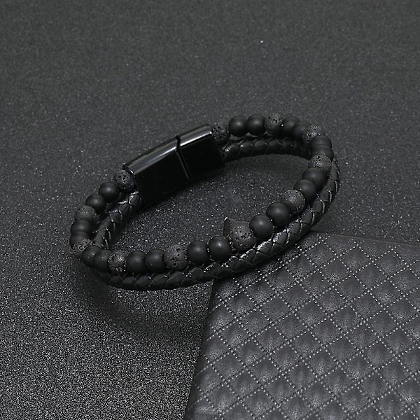 Naturligt vulkaniskt stenlegering läderarmband för män Äkta ko-läder flätad magnetisk spänne armband Armband Present till par