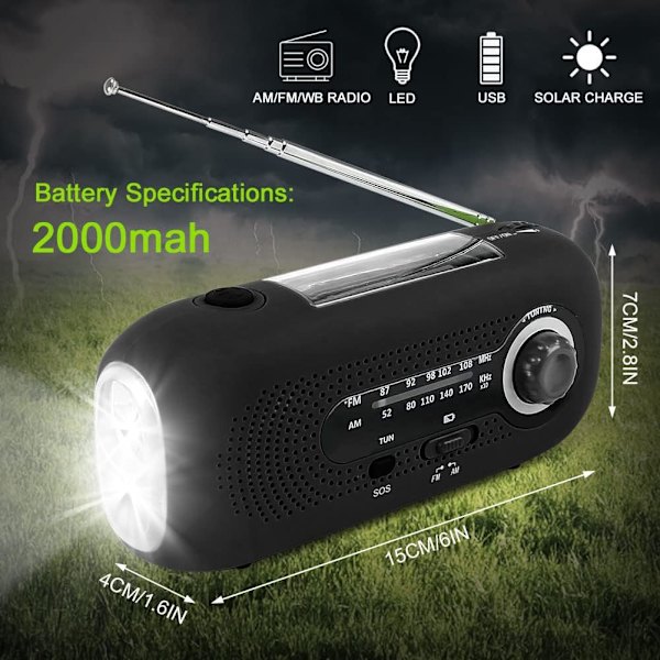 Solradio, nödhandvev solväderradio AM/FM självförsörjande med 5 LED-ficklampa, 2000mAh nödströmbank (svart) Black