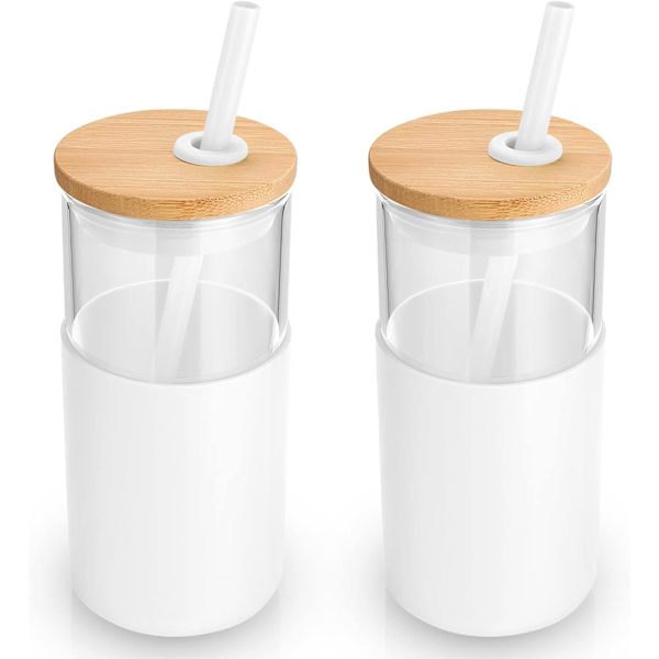 16 oz Glass Tumbler med sugerør og bambuslokk, gjenbrukbar iskaffekopp, smoothiekopper, tumbler med beskyttende silikonhylse - hvit