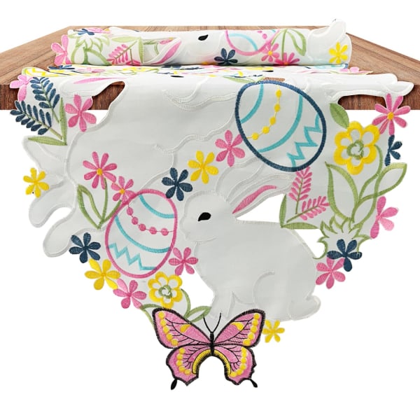 Forårspåskebordløber med udskårne broderede kaniner, farverige æg og sommerfugle, dekoration til hjemmets forårsferiebord