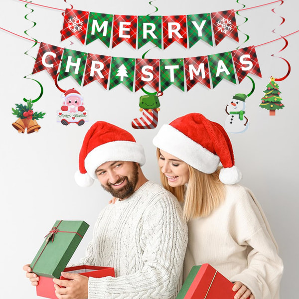 Merry Christmas Banner, rødgrønt rutete julebanner med spiralbånd Innendørs juleskilt Julefest hengende dekorativt