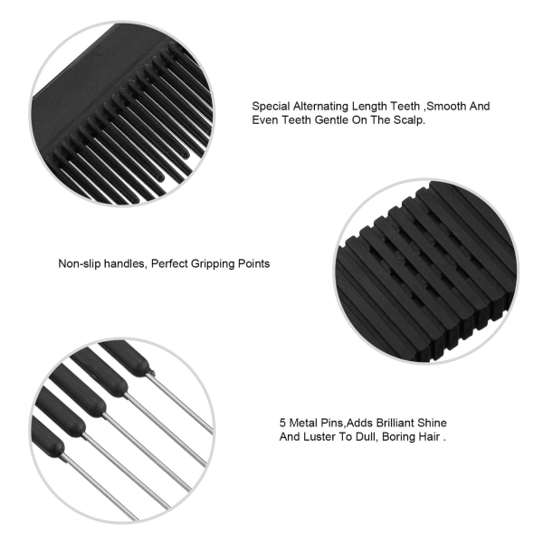 3-paks svarte karbonløftende ertekammer med metallpinne, Salon-tertende ryggkammer, svart karbonkam med rustfritt stålløft (stil A)
