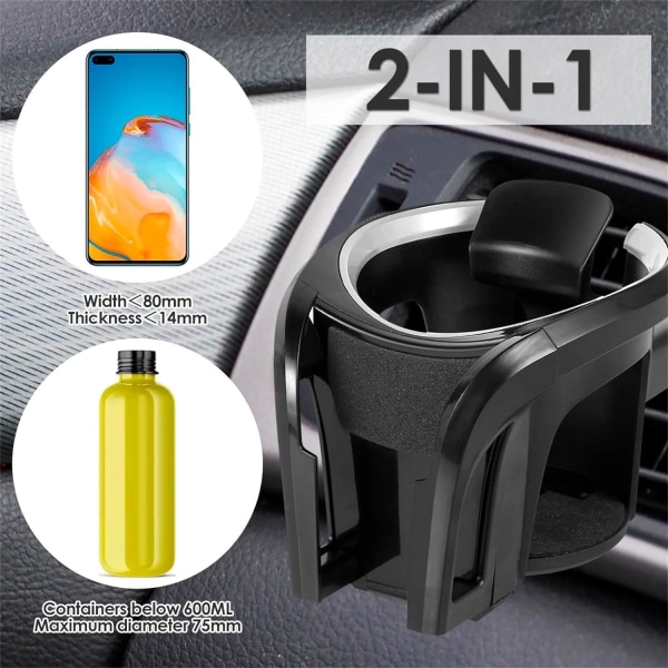 Bilmugghållare, 2 i 1 Justerbar Smart Phone Mount Bracket Stativ Vagga Bil Luftventil Mugghållare Kompatibel med de flesta fordon (Silversvart)