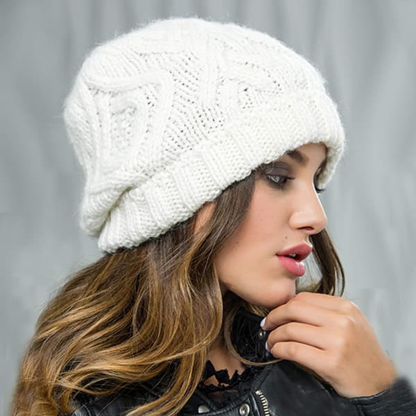 Unisex Vinter Varm Strikket Lue Hette Rhombus Chunky Vev Solid Cuffed Skull Cap White