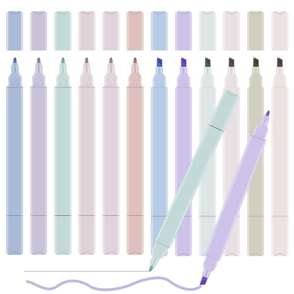 12 farger highlighter pastell highlighter penn dobbel hode, fargerike highlighter penner estetiske, tekstmarkører skolemateriell markør pastell