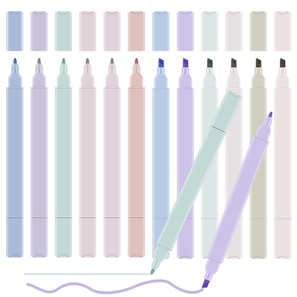 12 färger Pastell Markeringspenna Dubbelhuvud, Färgglada Markeringspennor Estetiska, Textmarkörer Skolmaterial Markering Pastell