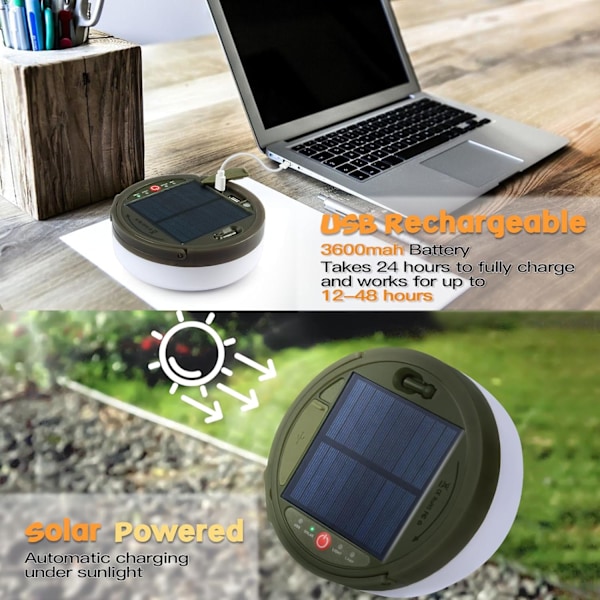 LED Solarlampor Utomhus Camping, 12M 120LED Ljusslinga Utomhus Camping, USB Uppladdningsbar, 3600mAh Batteri, Varmvit [Energiklass F]
