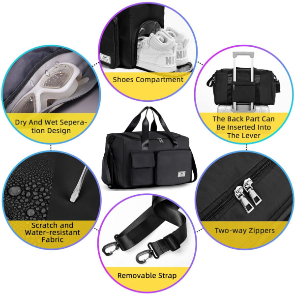 Dame Sports Gym Bag Duffle Bag med Skorom, Weekend Travel Bag Overnight Bag for kvinner, Sammenleggbar Holdall Bag Svart