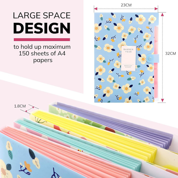 Laajennettava Expanding File, Expanding File Folder A4, Expanding File Organiser 6 taskulla, Filing Folder Organiser, Floral Printed Folders, Sininen Blue