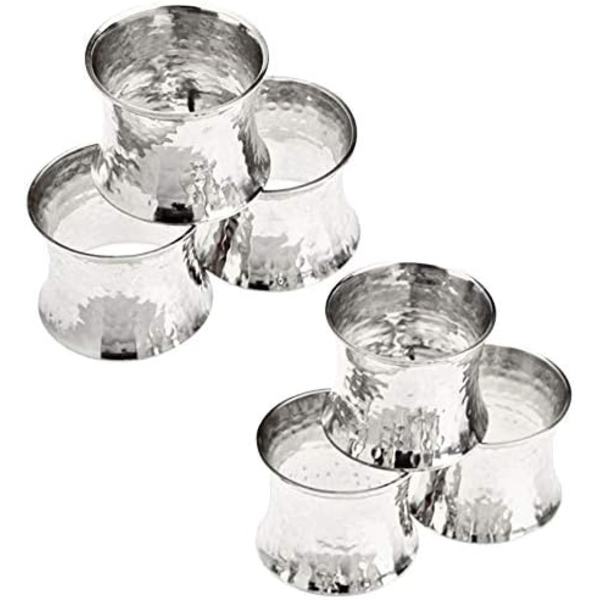 Håndlagde hamrede serviettringer, sett med 6, for middag, fest, daglig bruk, spiseborddekorasjon, sølv Silver