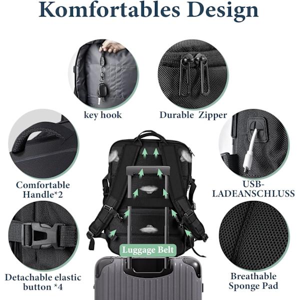 Flygplanshytt Resväska Ryggsäck 30L-40L, Stor Anti-Stöld Handbagage för 17 Tums Laptop Vattentät Svart