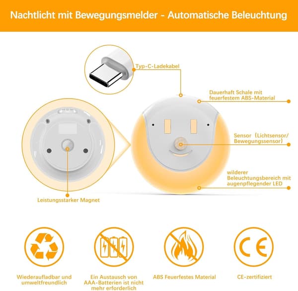LED-nattlys med bevegelsessensor - USB-oppladbar - 3 moduser (På/Av/Auto) - Lampm [2 stykker]