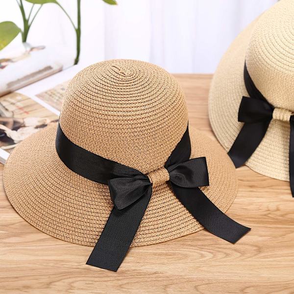 Dame Solhat Floppy Foldbar Bowknot Halmhat Sommer Strand Cap UV Beskyttelse coffee
