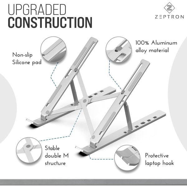 Foldbar bærbar aluminiumsstativ | Skrivebordsstativ med 6-trinns høydejustering | Kompatibel for 11,6”/13,3 tommers bærbare datamaskiner (sølv) silver