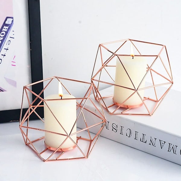Ljusstakar Guld Geometrisk Dekor - Tealight Holder för Tealights Dekorativa Ljusstakar Accenter för Hembord Hylla Mantel, Roséguld, 2 st rose gold