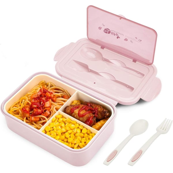 Matboks, matbeholder med 3 rom og bestikksett, BPA-fri, mikrobølge- og oppvaskmaskinsikre måltidsbeholdere – rosa Pink