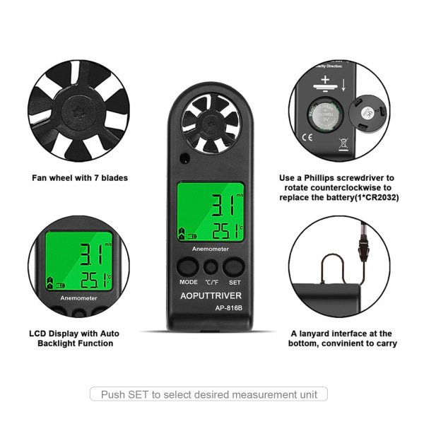 Digitalt anemometer håndholdt vindmåler for måling av vindhastighet, temperatur og maks, måling for windsurfing seiling fiske(svart)