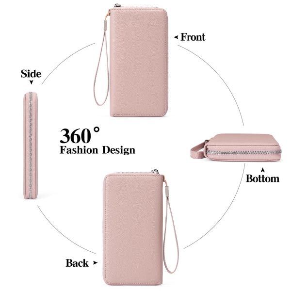 Lommebok for kvinner, skinn med stor kapasitet Lommebok for kvinner Glidelåsclutch med RFID-blokkering og flere, rosa Pink