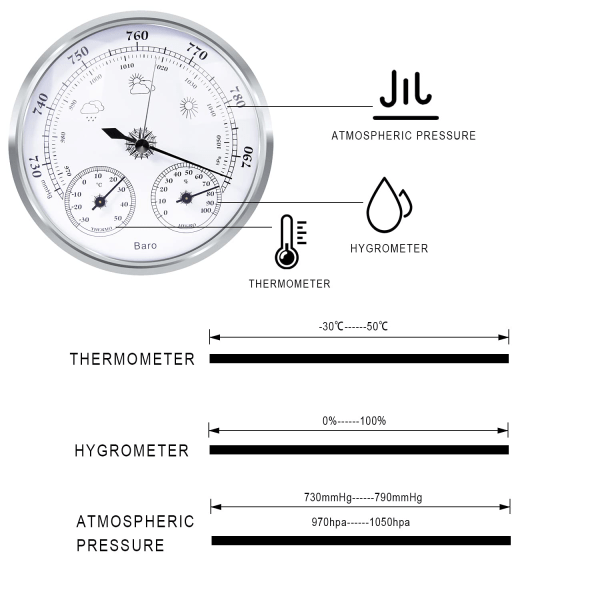 Analogt vejrstation, barometer, termometer, hygrometer（Sølv, 128mm） silver