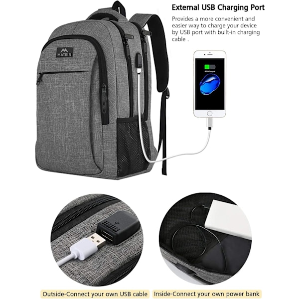 Liikematkareppu, matkalaukku, reppu USB-latausportilla, vedenkestävä reppu, päiväretkireppu, harmaa - 45*30*20cm Gray