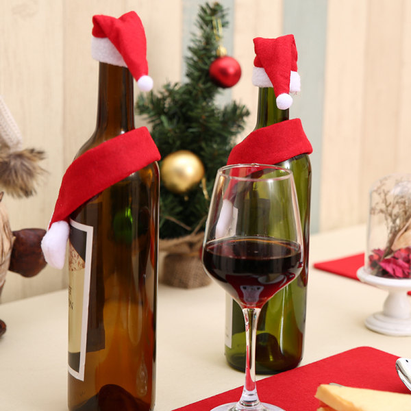 Julevinflaskeovertrækssæt nissehuer og -tørklæder Vinflaskedekoration til julepyntsfest