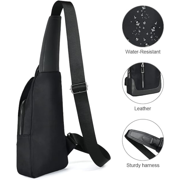 Skuldertaske, Brysttaske med USB-opladningsport, Letvægts Crossbody til Mænd Kvinder Til Vandreture, Cykling, Rejser, Shopping（Sort） Black