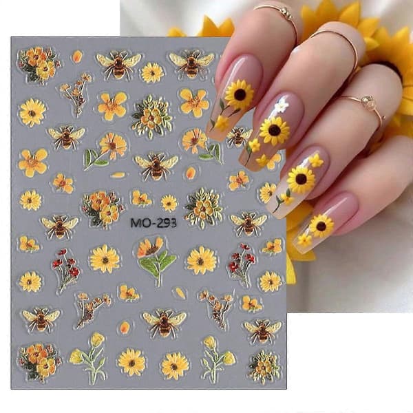 3 st Blommor Nageldekaler 5D Präglade Söta Bin Nageldekor Vår