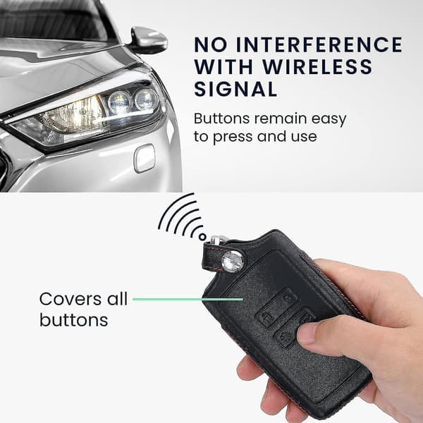 Etui kompatibelt med Renault Smart Key 4-knaps (Kun Keyless Go) - Sort-Rød - Ægte Læder Bil