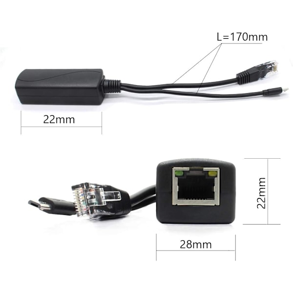 2-pak Gigabit PoE-splitter, 48V til 5V 2.4A Micro USB Ethernet-adapter, fungerer med Raspberry Pi 3B+ IP-kamera og mere