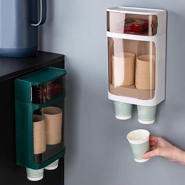 Väggmonterad koppdispenser, dubbelkoppdispenser med förvaringslåda, vit