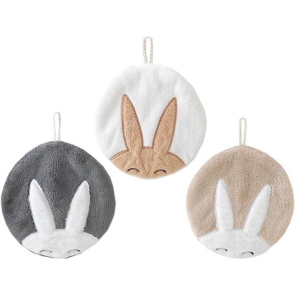 Cute Rabbit Hand Towels Set of 3 Soft Absorbent Funny Decorative Microfiber Coral Velvet Hanging Washcloths(Grey Brown White)