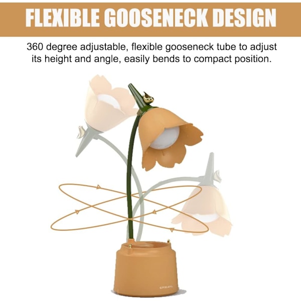 Barne-LED-skrivebordslampe, blomsterbordlampe, leselampe med justerbart lys og berøringssensor (gul) Orange