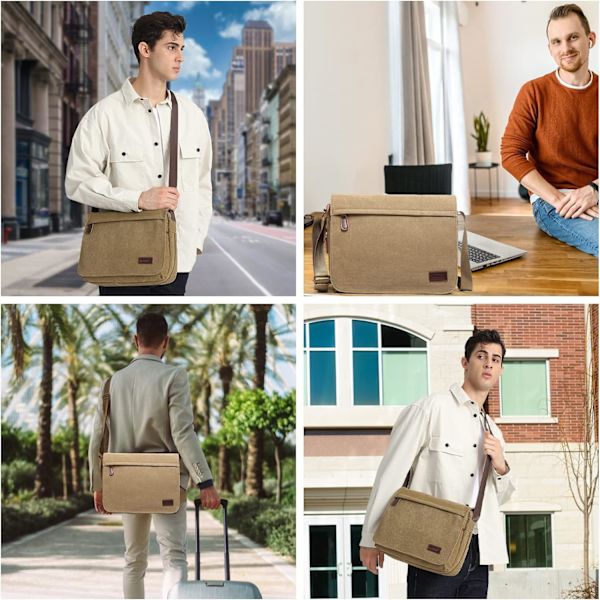 Messenger Bags, Herr Canvas Axelväska Retro Laptop Portfölj med Flera Fack för Skola Resor Affärer, Passar för 13 Tums Laptop（Khaki） Khaki