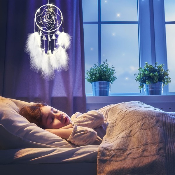 Vita drömfångare, LED-drömfångare för pojkar och flickor, väggdekorationer för sovrummet, fjäderprydnader (vit) White