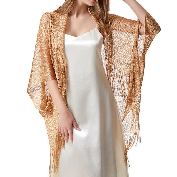 Sommar Sheer Shrug Top Öppen Fram Cardigan Strand Tunn Mjuk Hål Tofs Sjal för Kvinnor Flickor Gold