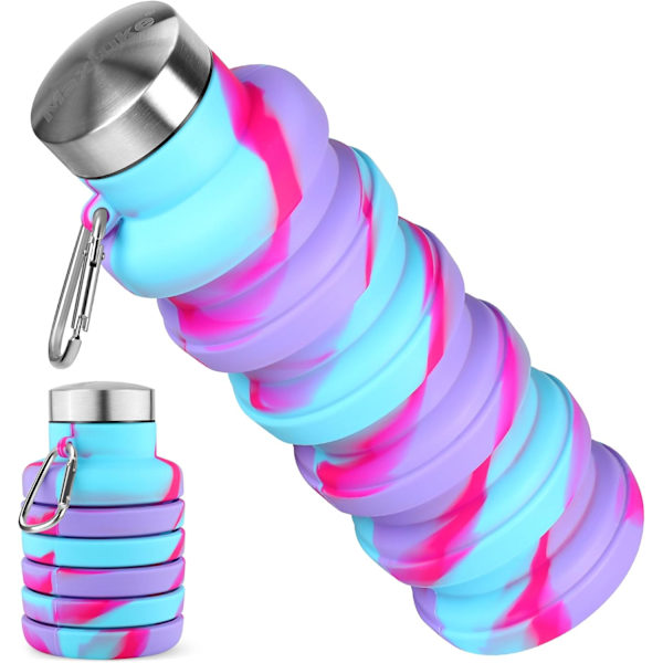 Kasaannettavat Vedenpullot, Uusiokäyttöiset BPA-vapaat Silikonista Valmistetut Taitettavat Vedenpullot 16oz, Kevyet Vuotamattomat Kannettavat (Violetti+Sininen)
