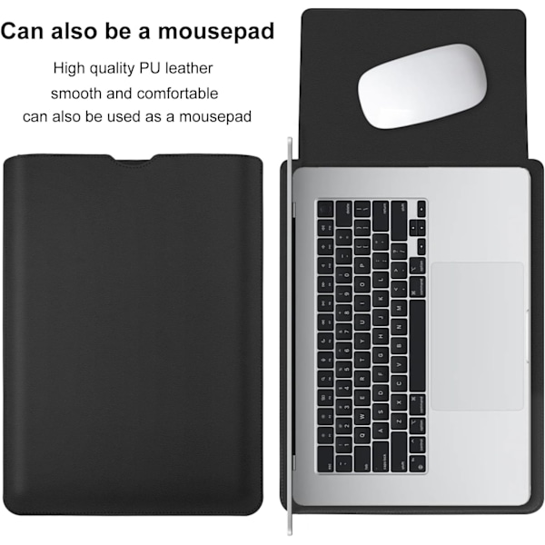 PU Læder Laptop Sleeve til MacBook Air 15 tommer A2941 M2 Chip, Indvendig Blød Plys Tykk Polstret Bærbar Rejse Notebook Taske Etui (Sort)
