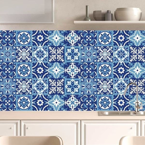 20 st blå och vita marockanska kakelklistermärken, väggkakelklistermärken för kök badrum, skala och fästa på kakelöverföringar täcker dekaler (15cm x 15cm) Blue and White