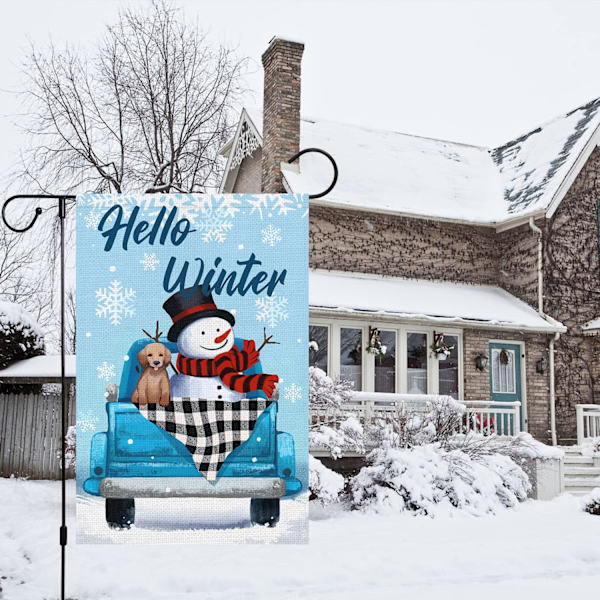 Hello Winter Hageflagg 12x18 Dobbeltsidig, Burlap Liten Vertikal Buffalo Rutete Vinter Lastebil Hage Hage Husflagg (KUN FLAGG)