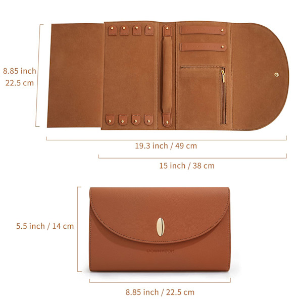 Rejse Smykkearrangør Etui Læder Smykkerulle Rejse Opbevaringspose til Øreringe, Ringe, Halskæder, Armbånd (Brun)