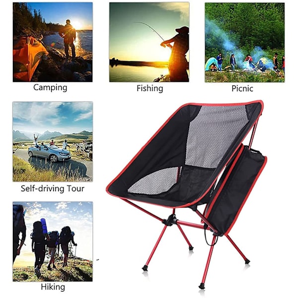 Bärbar hopfällbar campingstol, kompakt hopfällbar ryggsäckstol strandstol med bärväska för utomhusvandring fiske picknick (röd) Red