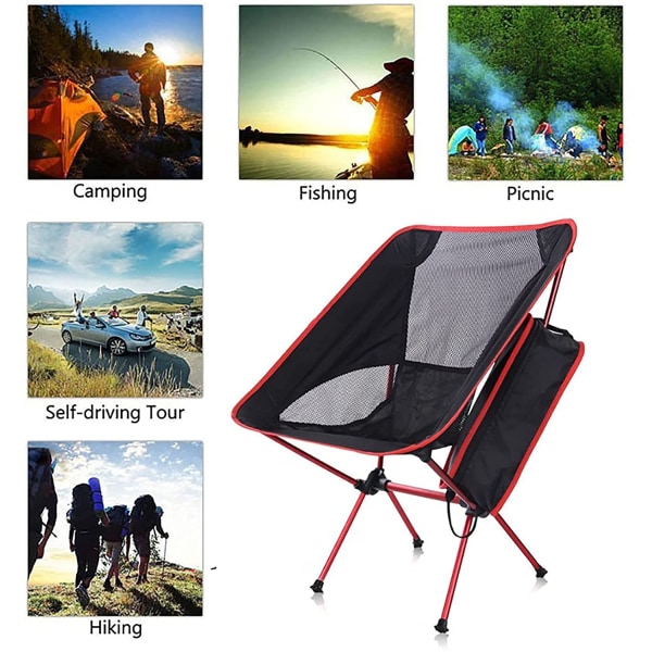 Bærbar sammenklappelig campingstol, kompakt sammenklappelig rygsækstol Strandstol med bæretaske til udendørs vandring Fiskepicnic (rød) Red