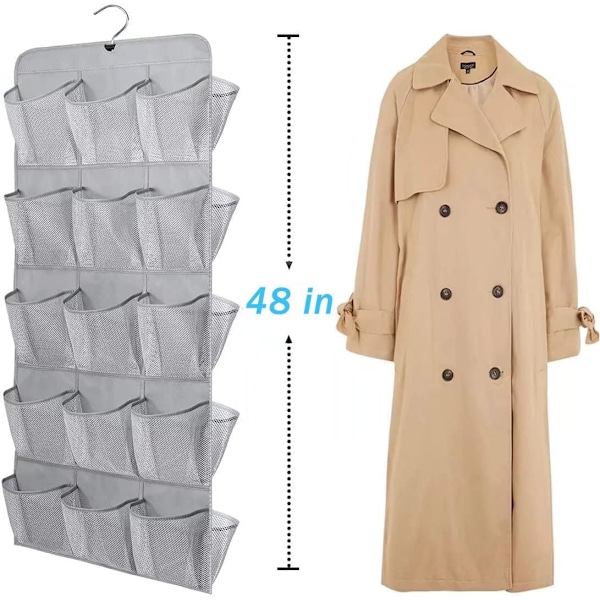 30 store lommer sko hængende opbevaring arrangør til garderobeskinne rack dobbeltsidet med roterende bøjle mesh sko arrangør, grå Gray