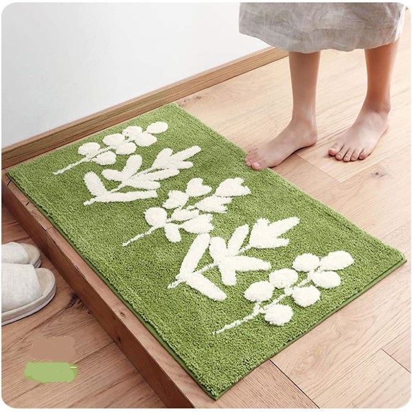 Sklisikker badematte, 40 x 60 cm grønt blad baderomsgulvmatte supermyk og vannabsorberende, maskinvaskbar mikrofiber baderomsmatte 3D leaves