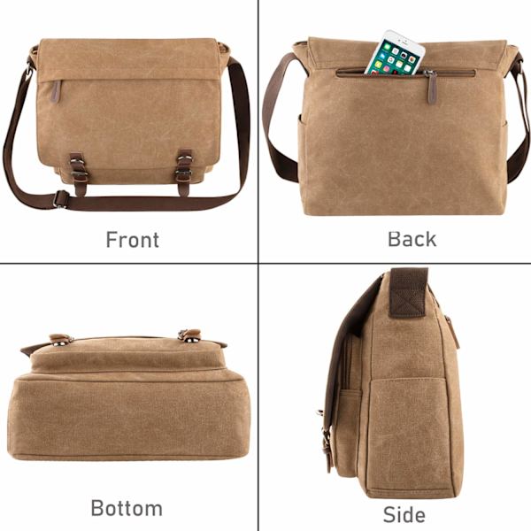 Miesten kanvas olkalaukku, crossbody-laukku, 15 tuuman kannettavan tietokoneen laukku, salkku laukku työhön (ruskea)