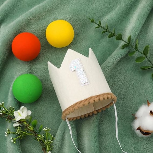 Första födelsedagskrona för bebis, 1-årsdagshätta med elastiskt band, koncis söt födelsedagshätta dekorationer (Beige)
